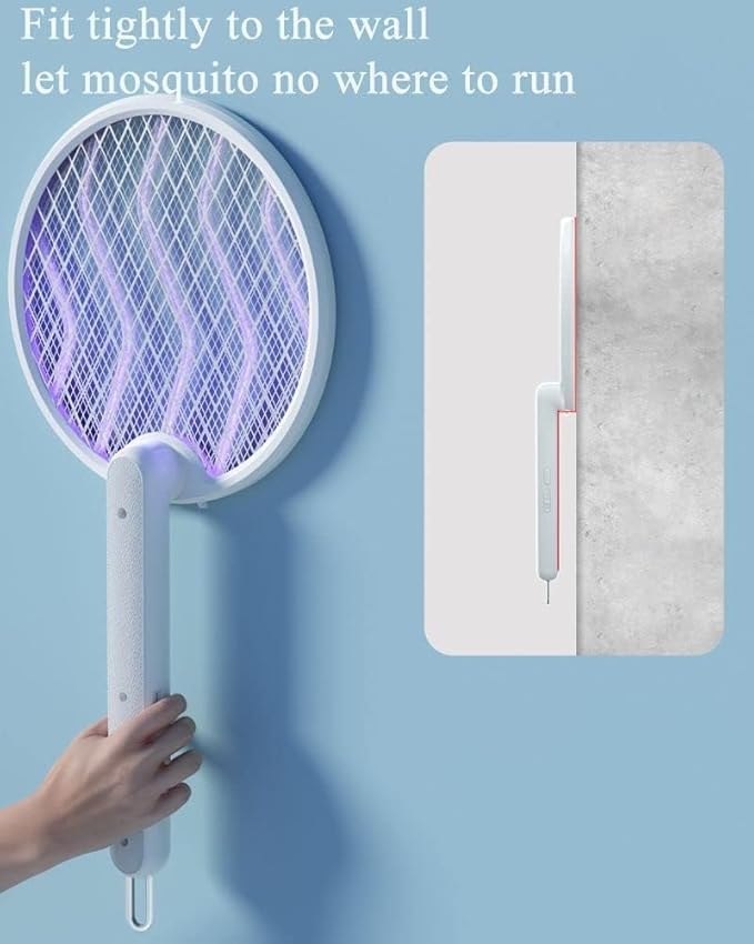 UV Light Lamp – 2in1 Electric Mosquito Killer Racket, Rechargeable Handheld Fly Swatter with1200mAh Battery, Black & White Color (Folding Racket, 1)