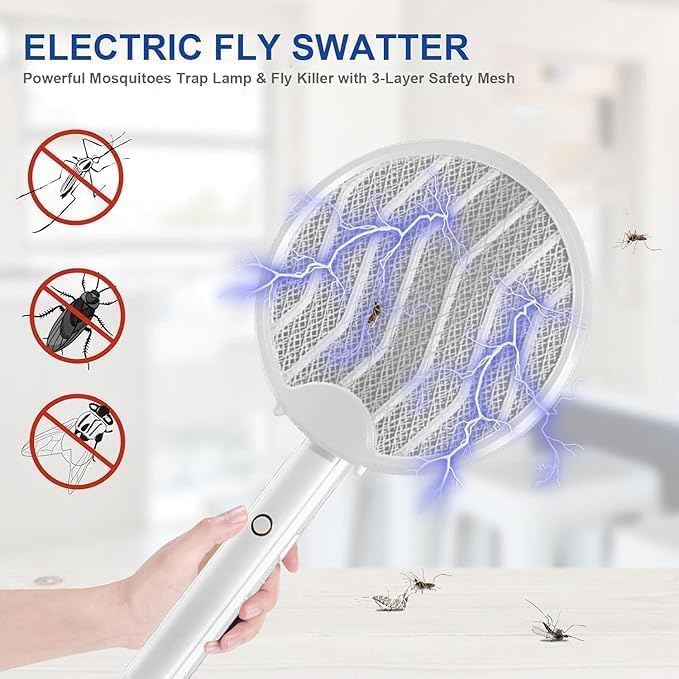 UV Light Lamp – 2in1 Electric Mosquito Killer Racket, Rechargeable Handheld Fly Swatter with1200mAh Battery, Black & White Color (Folding Racket, 1)