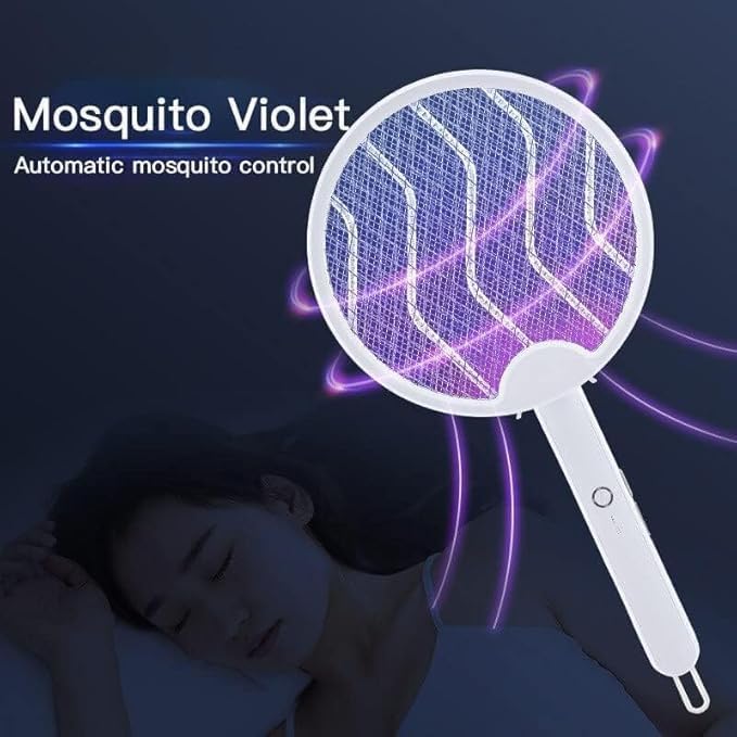 UV Light Lamp – 2in1 Electric Mosquito Killer Racket, Rechargeable Handheld Fly Swatter with1200mAh Battery, Black & White Color (Folding Racket, 1)