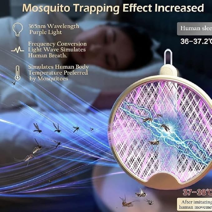 UV Light Lamp – 2in1 Electric Mosquito Killer Racket, Rechargeable Handheld Fly Swatter with1200mAh Battery, Black & White Color (Folding Racket, 1)