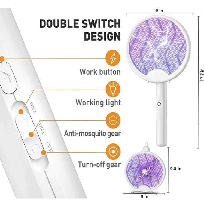 UV Light Lamp – 2in1 Electric Mosquito Killer Racket, Rechargeable Handheld Fly Swatter with1200mAh Battery, Black & White Color (Folding Racket, 1)