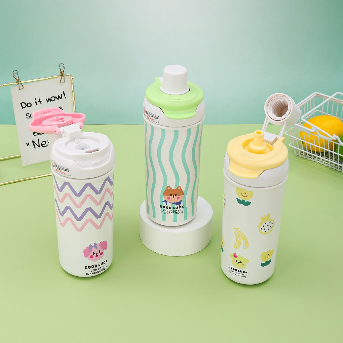 Lovely Girl Large Capacity 316 Stainless Steel Thermos Cup with Tea Bin Double Drink Cup Students Rope Straw Water Hot Beverages