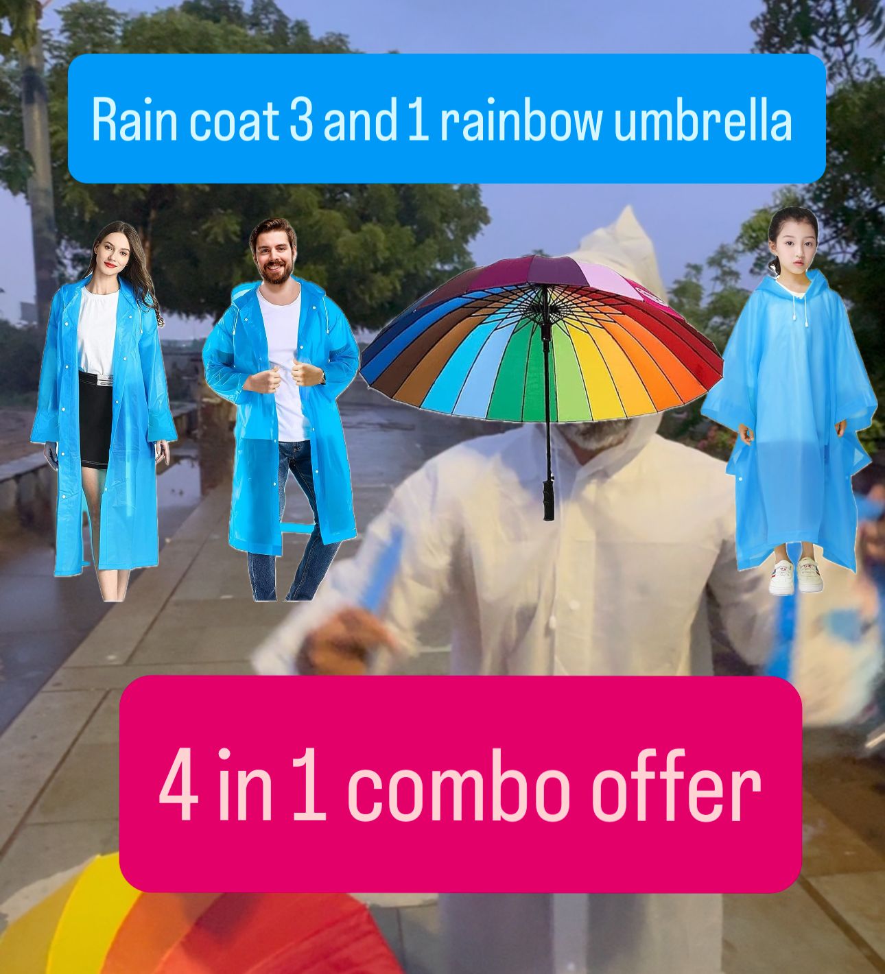 rain combo for family 2 adult rain coat 1 for kids 1 rainbow umbrella