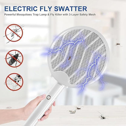 UV Light Lamp – 2in1 Electric Mosquito Killer Racket, Rechargeable Handheld Fly Swatter with1200mAh Battery, Black & White Color (Folding Racket, 1)