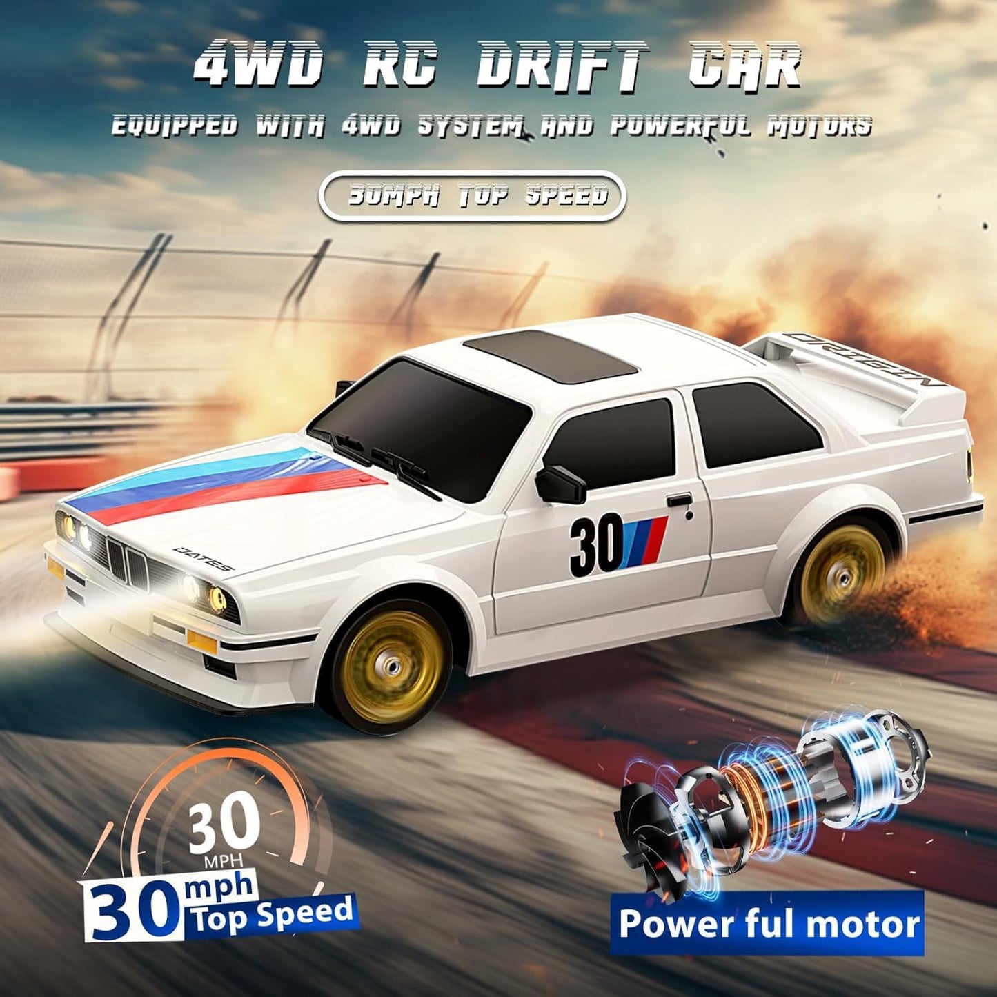 Rc Drift Remote Control Car 1:24 Scale, High-Speed, 4Wd, Led Lights, Rechargeable Racing Car, Drifting Tires, 2.4Ghz, for Kids